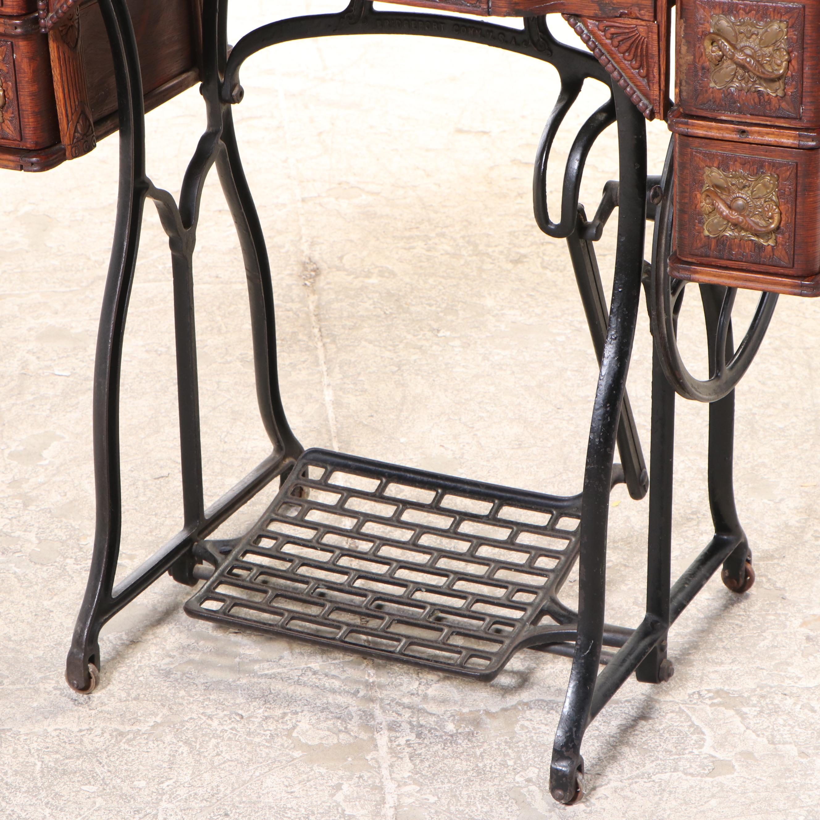 Wheeler & Wilson PressDecorated Oak and Cast Iron Sewing Machine Table