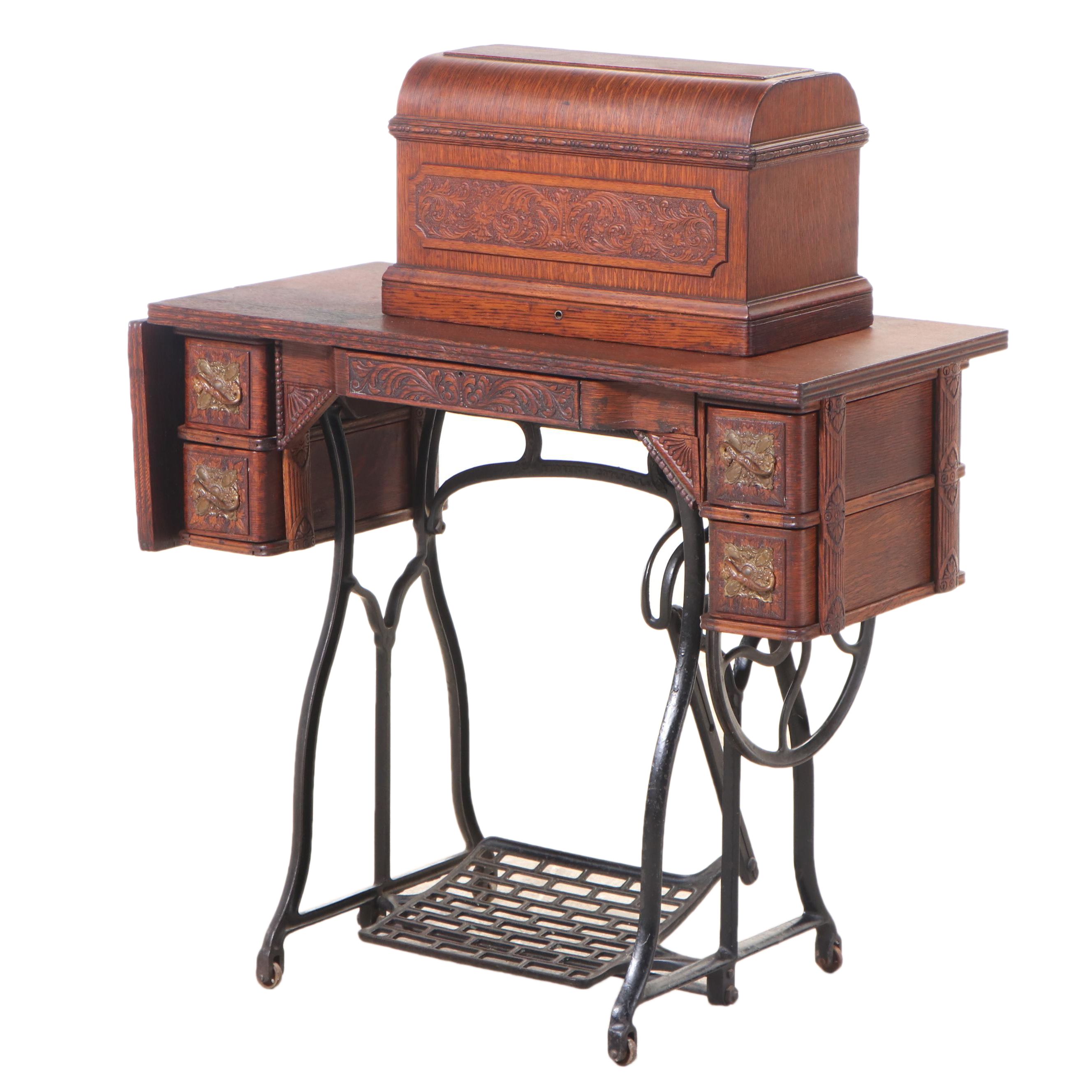 Wheeler & Wilson PressDecorated Oak and Cast Iron Sewing Machine Table