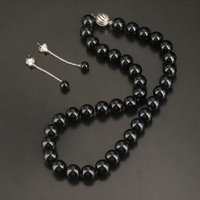 Tiffany & Co. "Ziegfeld" Sterling Black Onyx Drop Earrings with Beaded Necklace