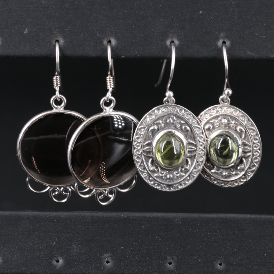 2-Piece Sterling Dangle Earrings Set Featuring Smoky Quartz and Peridot