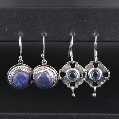 2-Piece Sterling Drop Earrings Set Featuring Lapis Lazuli and Topaz