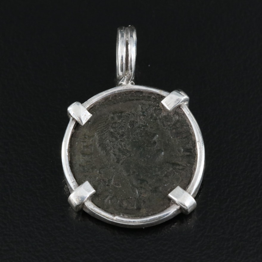 Sterling Pendant with Ancient Roman Follis Coin of Constantius II, ca. 337 A.D.