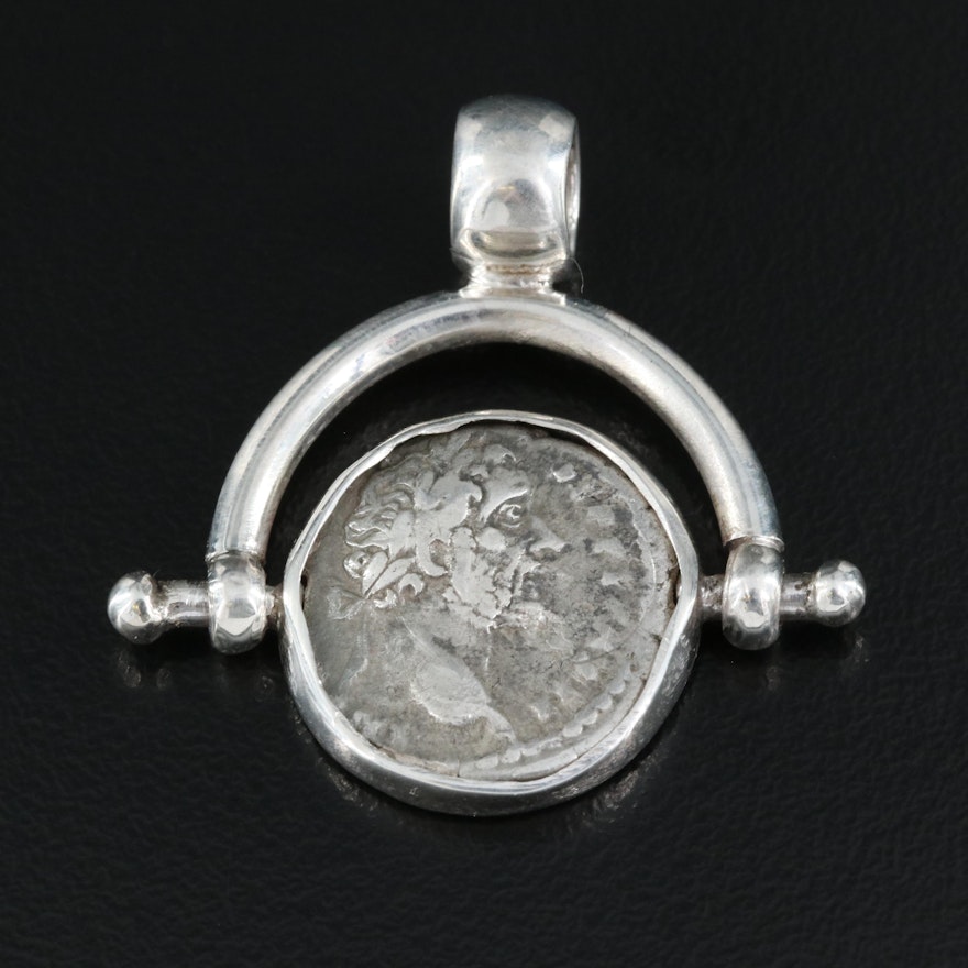 950 Silver Pendant with Ancient Roman Denarius Coin of Antoninus Pius 138 A.D.