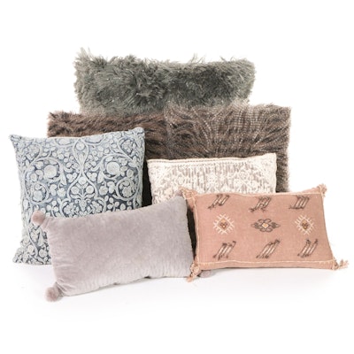 Quilted Velvet, Chainstitch Embroidered and Faux Mohair Fur Accent Pillows