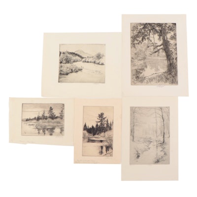 Lee Sturges Landscape Etchings Including "Old Swimming Hole", Early 20th Century