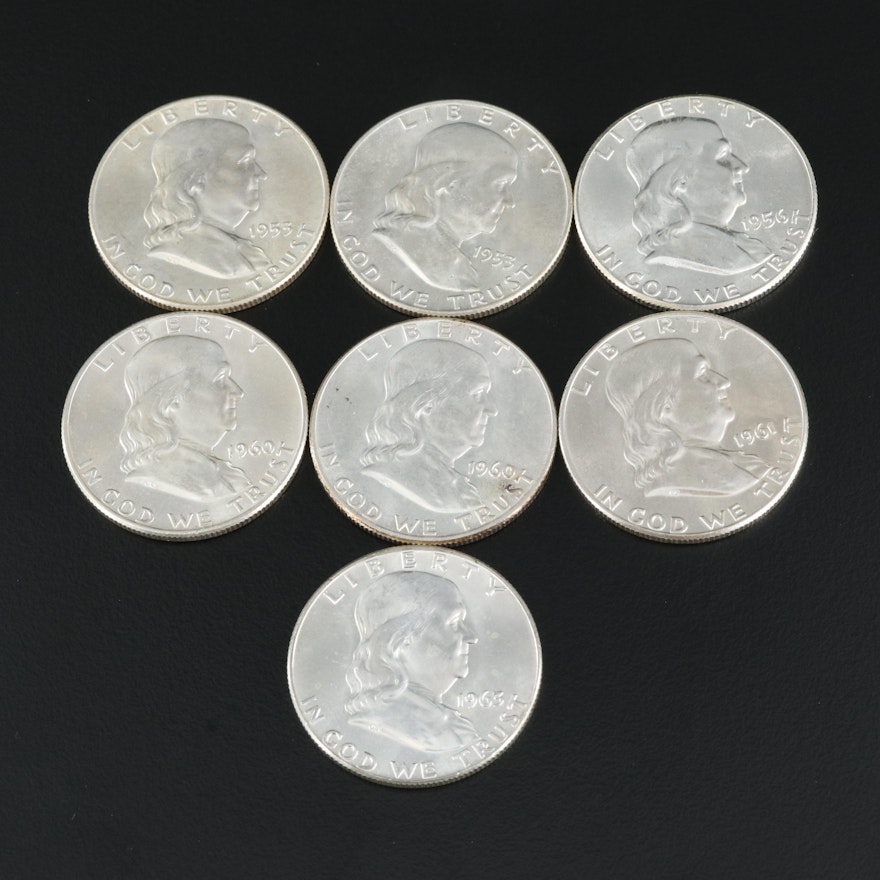 Seven Uncirculated Franklin Silver Half Dollars