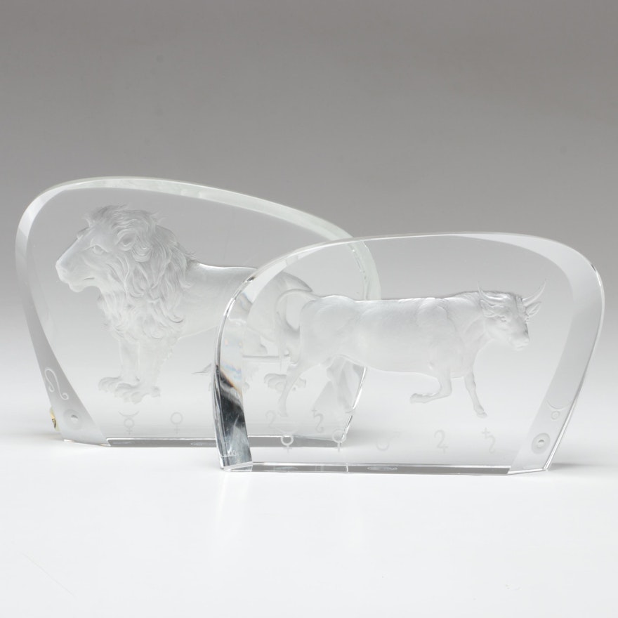 Chalupka and Metelák for Moser "Taurus" and "Leo" Zodiac Engraved Crystal Blocks