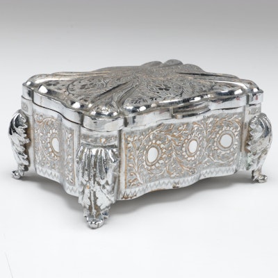 Fred Zimbalist Chased and Engraved Silver Plate Thorens Swiss Music Box.