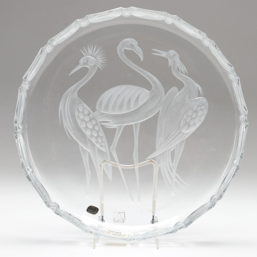 Ladislav Ježek Bohemia Crystal "Heron Birds" Engraved Czech Art Glass Dish, 1981