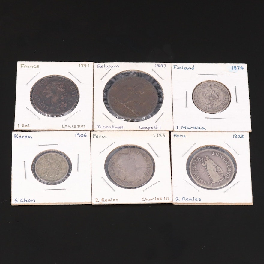 Group of Six Copper and Silver World Coins