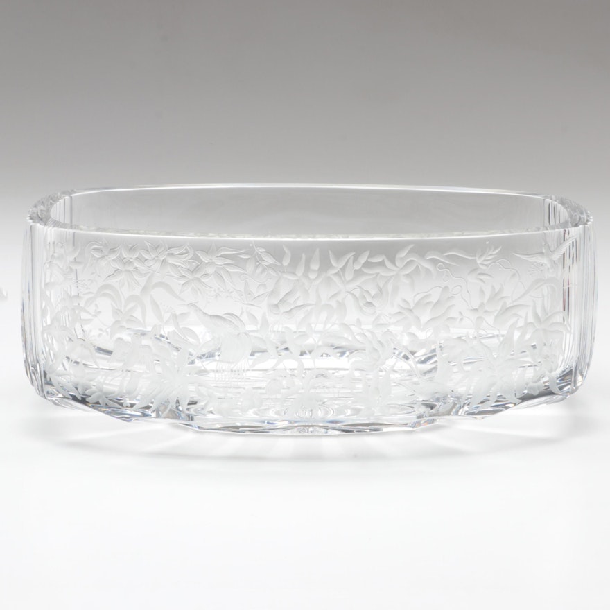 Bohemian Exotic Birds, Insects and Flowers Engraved Czech Crystal Console Bowl