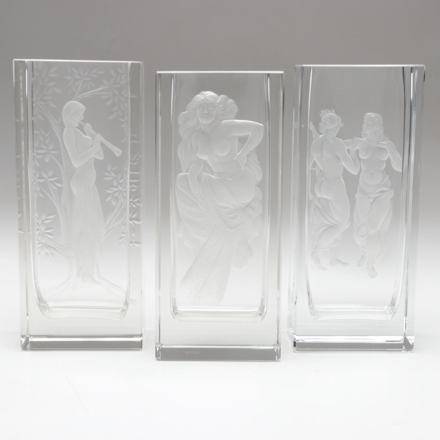 Ateliér Veselouš and Other Artist Classical Figures Czech Engraved Crystal Vases