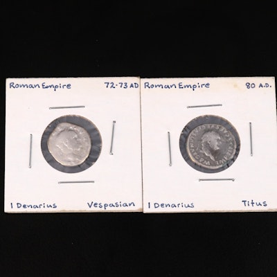 Two Ancient Roman Imperial Denarius Coins, ca. 72 to 80 AD