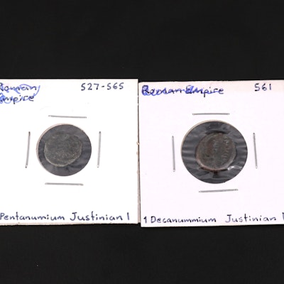 Two Ancient Byzantine Small Denomination Coins of Justinian I, ca. 530 AD
