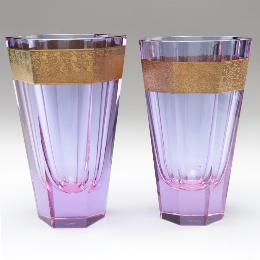 Pair of Moser Faceted Cut Alexandrite Glass Vases with Gilt Warrior Frieze