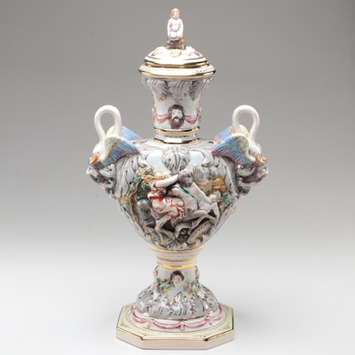Capodimonte Neoclassical Style Figural Swan Handled Porcelain Urn Vase
