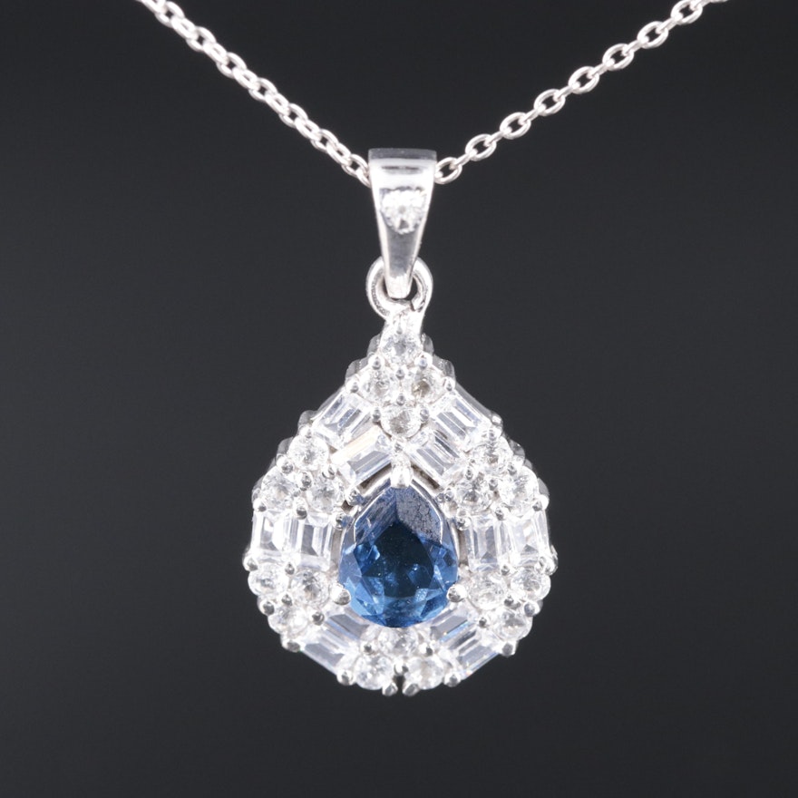 Sterling Silver Sapphire Pendant Necklace Including Cubic Zirconia