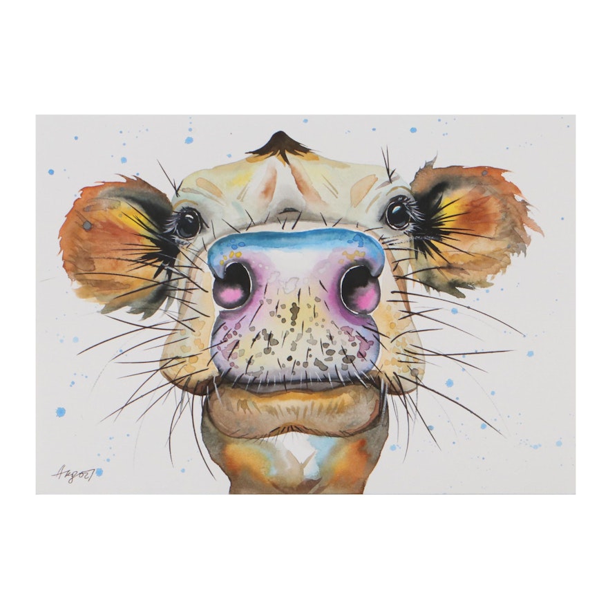 Anne Gorywine Watercolor Painting of Cow, 2019