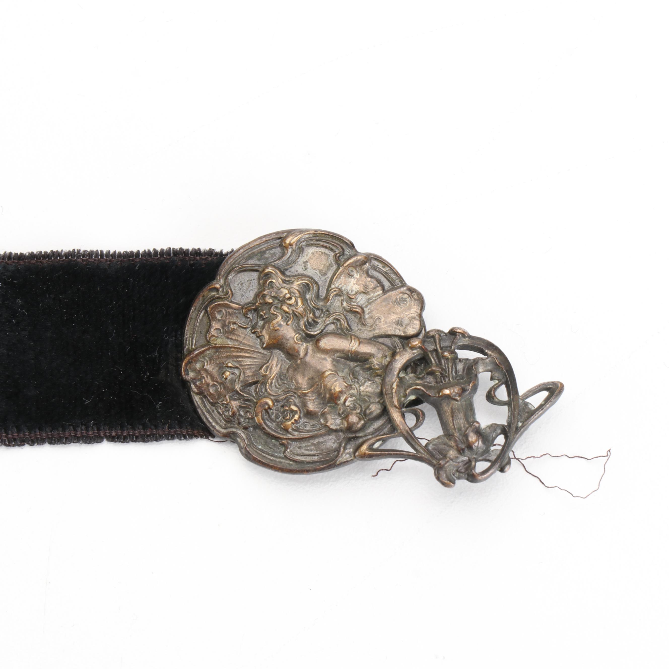 Art Nouveau Figural Medallion and Black Velvet Ribbon Belt EBTH