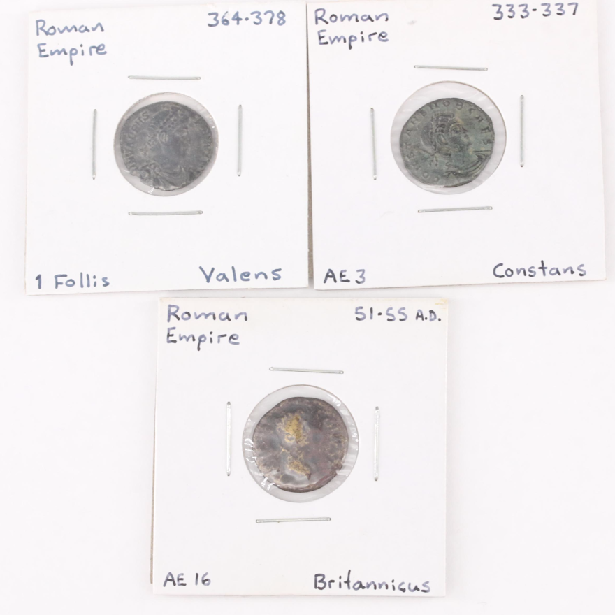 Three Ancient Roman Imperial Reduced Follis Coins, ca. 51 to 378 AD