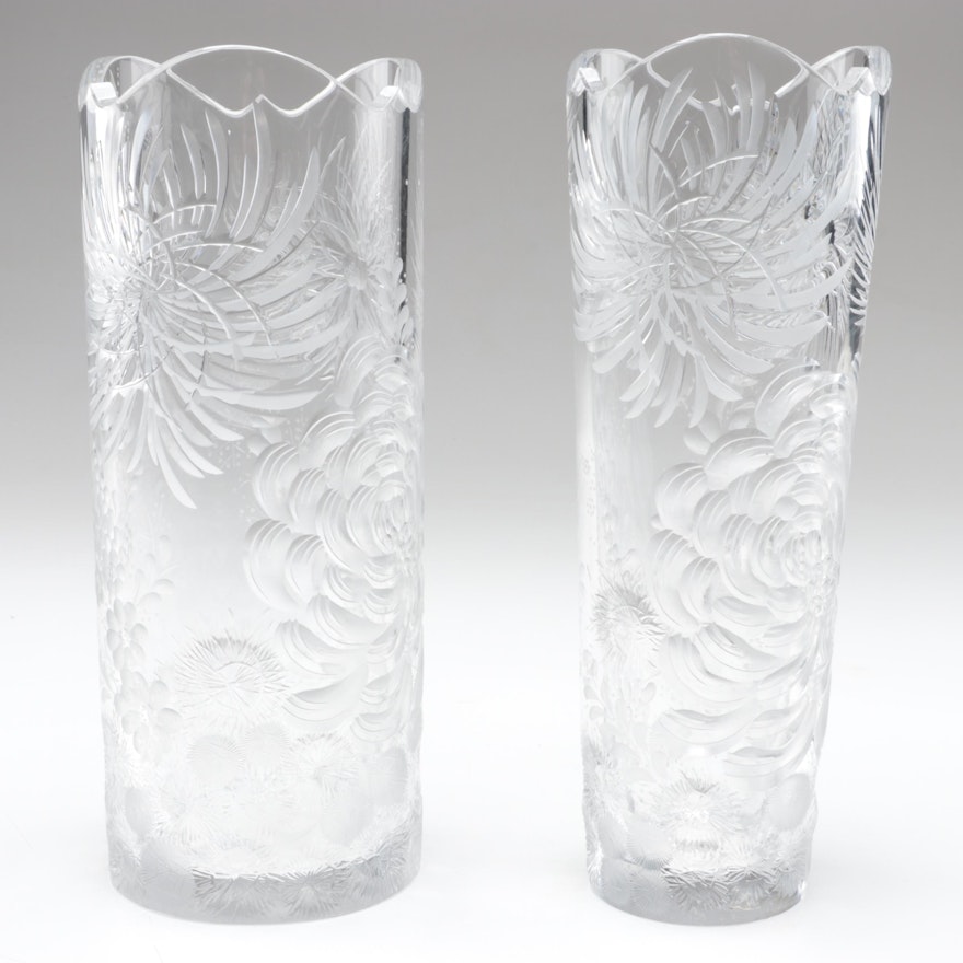 Bohemian Cut, Etched and Engraved Chrysanthemum Motif Clear Czech Crystal Vases