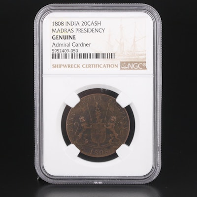 NGC Certified Genuine 1808 India 20 Cash Madras Presidency Coin