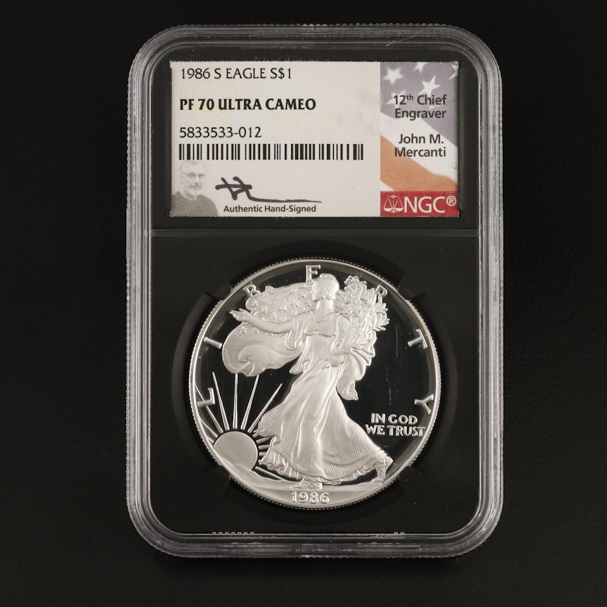NGC Graded PF70 Ultra Cameo Mercanti Signed 1986-S $1 U.S. Silver Eagle Proof