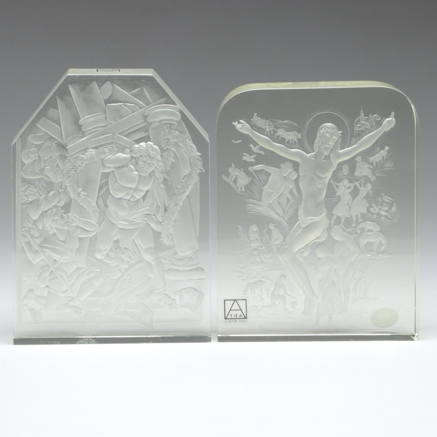 Ateliér Veselouš Artist Signed Religious Motif Engraved Czech Crystal Blocks