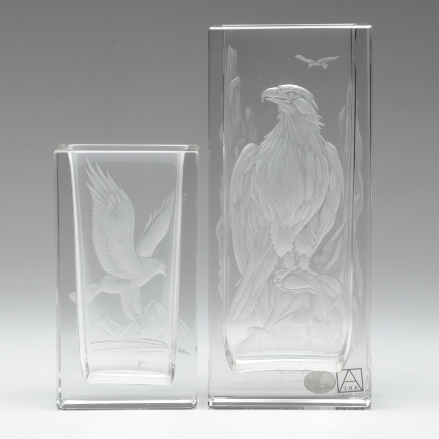 Ateliér Veselouš Bohemian Artist Signed Eagle Motif Engraved Czech Crystal Vases