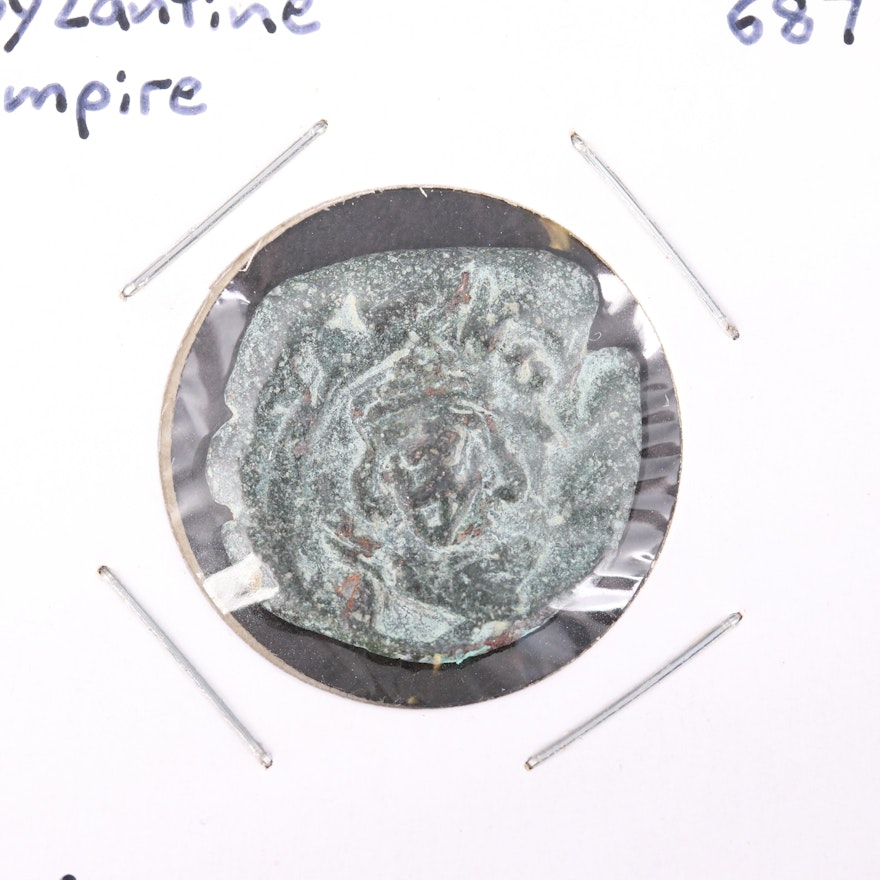 Ancient Byzantine AE Half Follis of Justinian II, ca. 687 AD