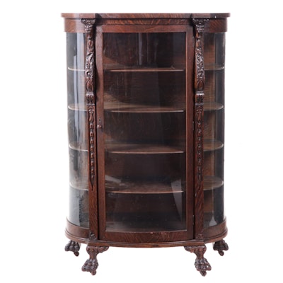 American Empire Revival Carved and Quartersawn Oak Bowfront Display Cabinet