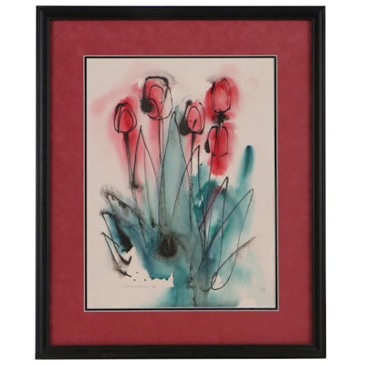 Jack Meanwell Abstract Watercolor Painting of Tulips, 1980