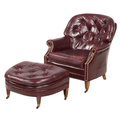 Sam Moore Leather Upholstered Armchair and Footstool, Late 20th Century