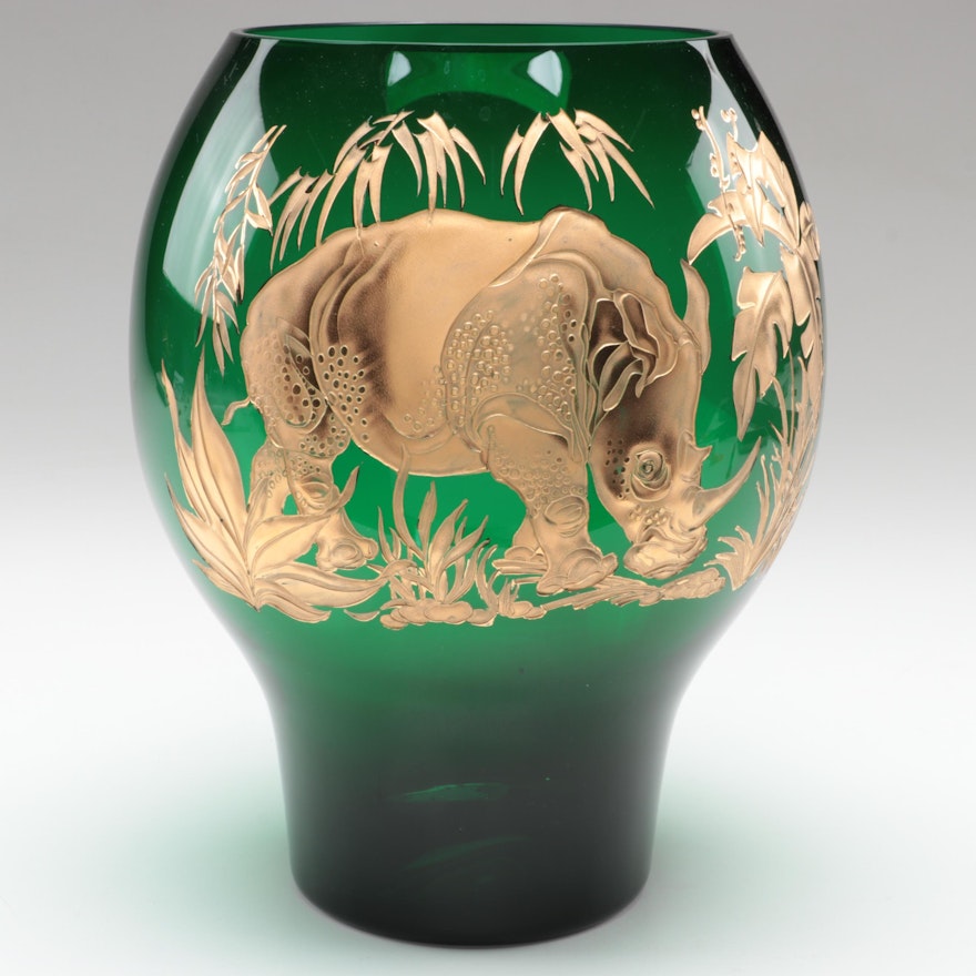 Signed Janků Bohemian Green Czech Art Glass Vase with Gilt Engraved Rhinoceros