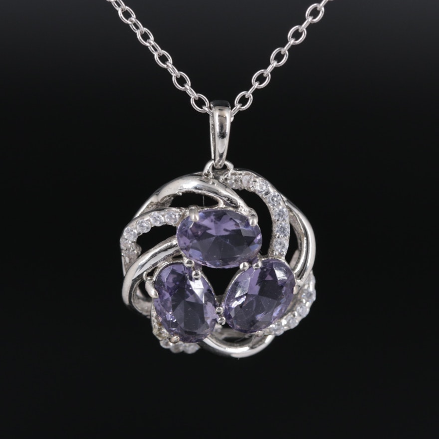 Sterling Silver Amethyst Pendant Necklace Including Cubic Zirconia