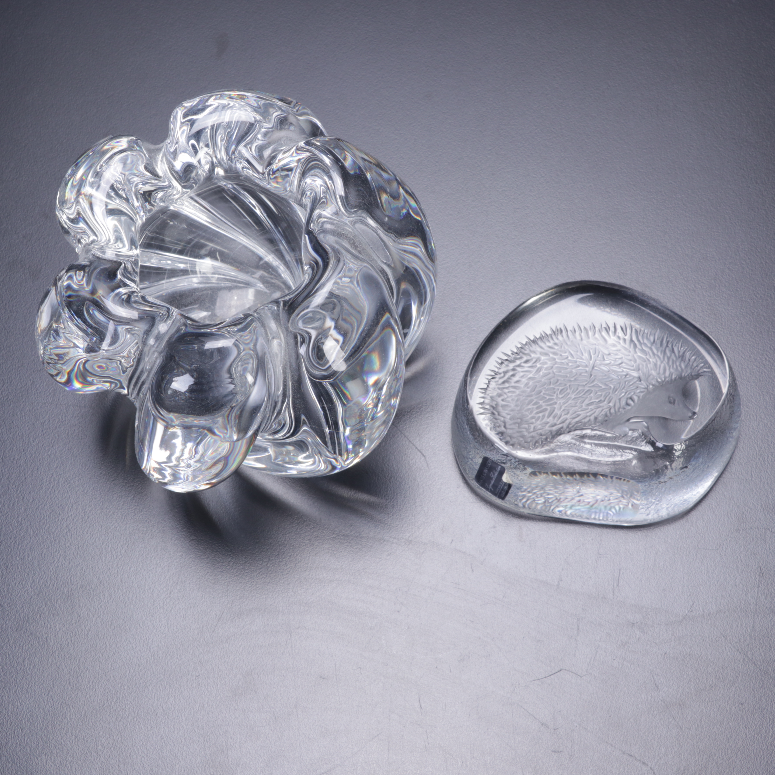 Mats Jonasson Crystal Hedgehog Paperweight and Orrefors "Waterfall" Vase EBTH