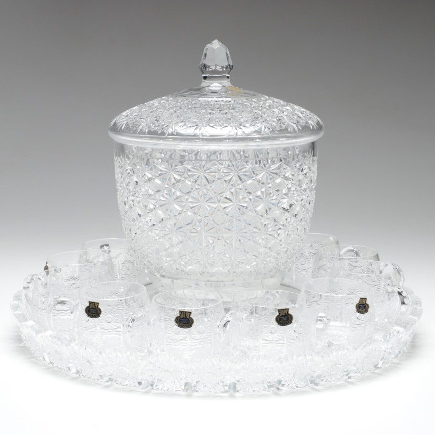 500 PK Cut Czech Crystal Punch Cups and Tray with Lausitzer Lidded Punch Bowl