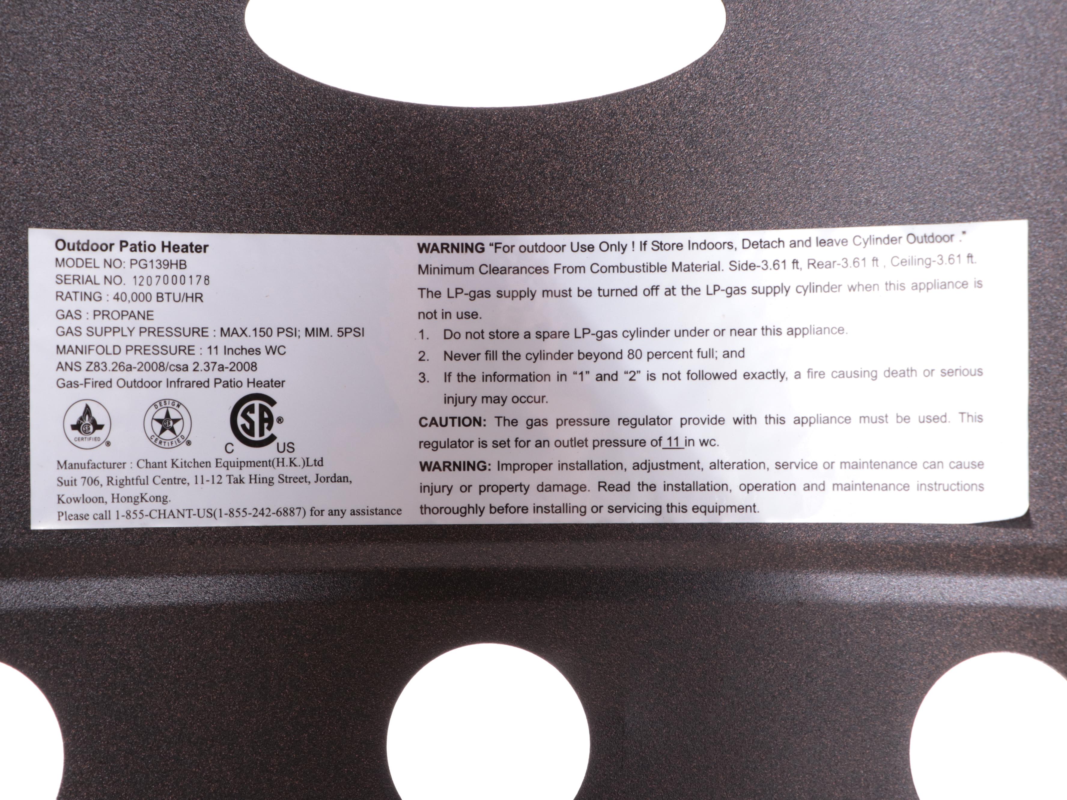 Chant Kitchen Equipment Ltd. Outdoor LP Gas Patio Heater EBTH