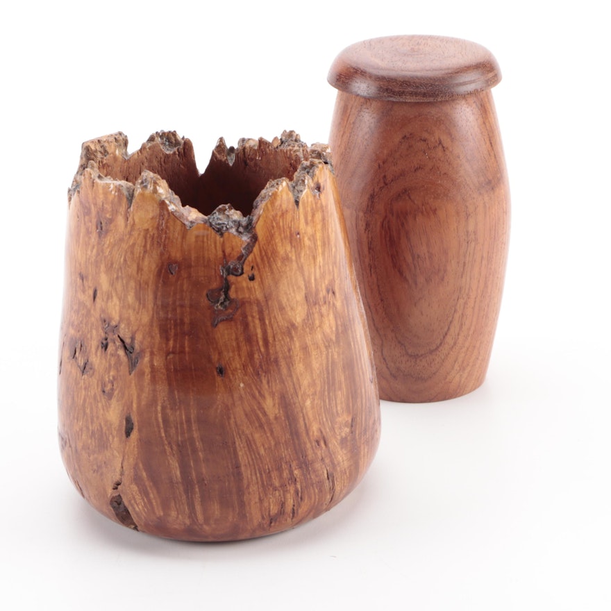 L Wright Burl Wood Natural Edge Vase and Turned Vessel, 2013