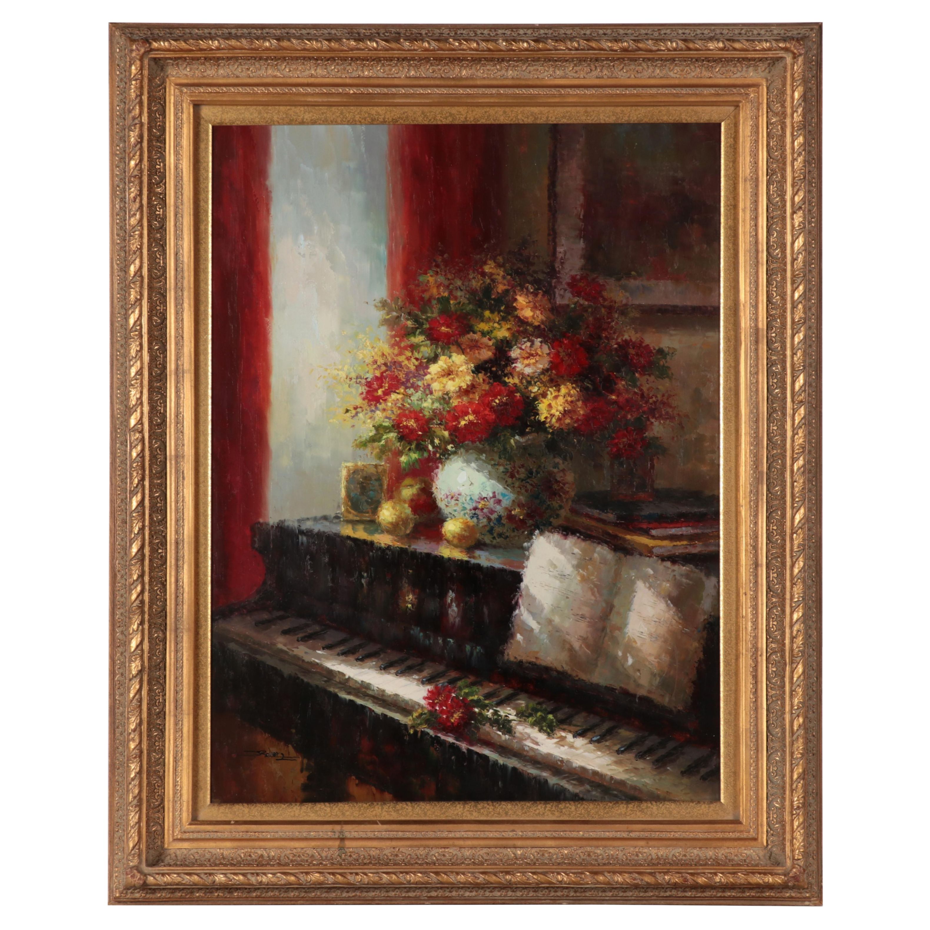 Impressionist Style Oil Painting With Piano EBTH