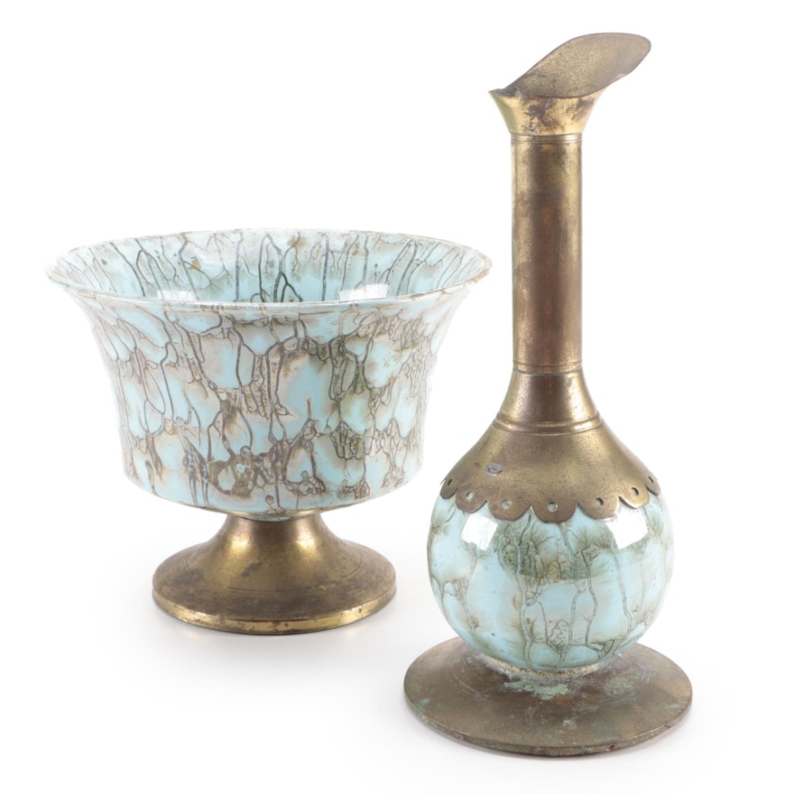 Brass and Glazed Turquoise Ceramic Planter and Pitcher