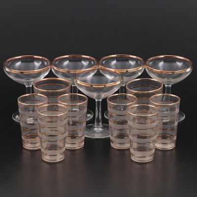 Gilt Rim Coupes with Gilt and Gold Striped Juice Glasses and Tumblers