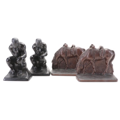 Pair of "The Thinker" and "Cow Pony" Cast Metal Bookends