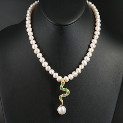 Sterling Snake Necklace with Pearl, Emerald and Ruby