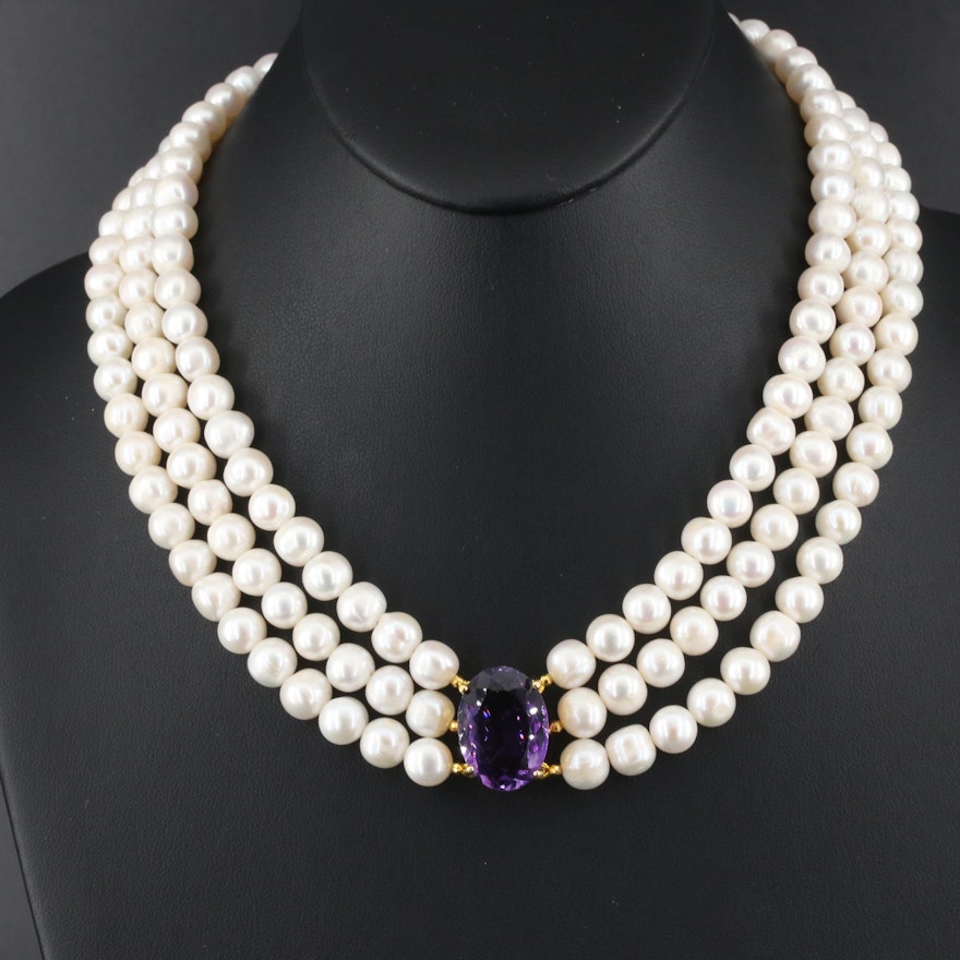 Sterling Amethyst and Pearl Triple Strand Necklace