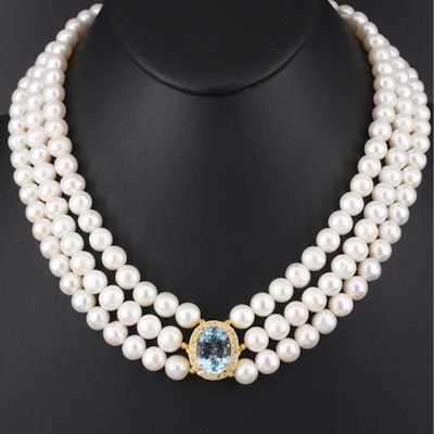 Sterling Swiss Blue Topaz and Zircon on Pearl Triple Strand Necklace