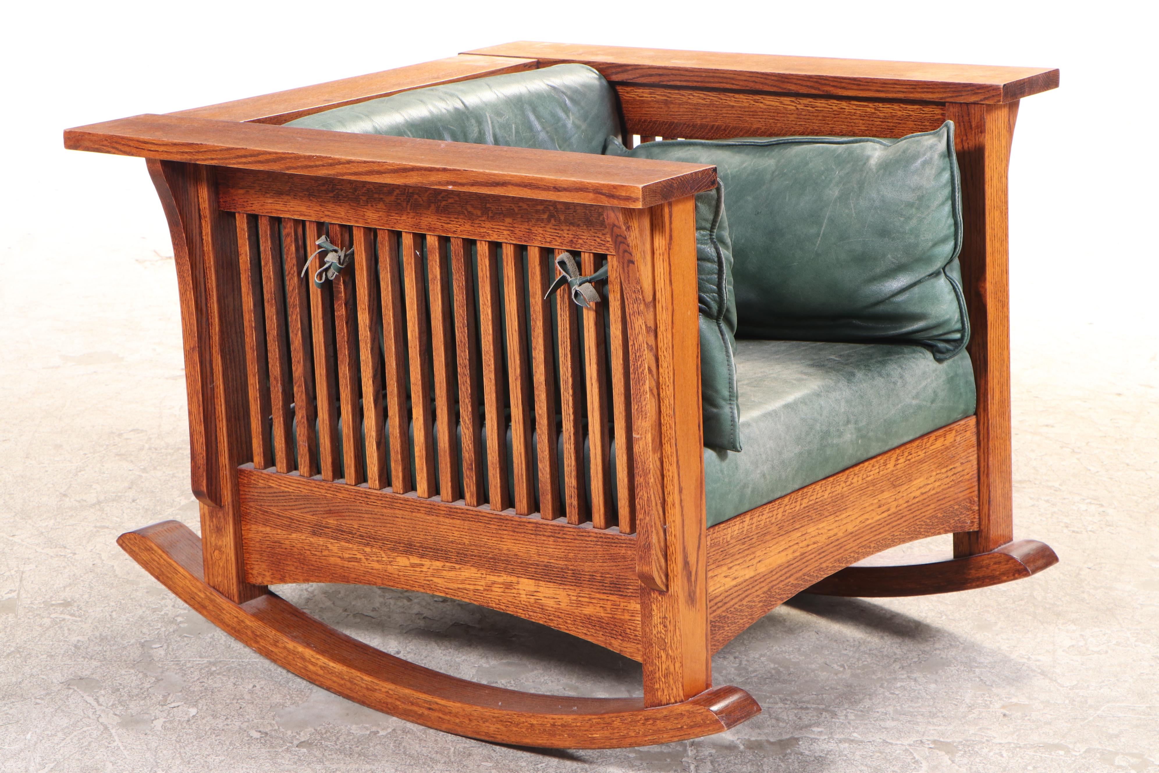 The Michaels Company Arts and Crafts Style Oak and Leather Rocker w ...