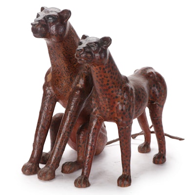 Indian Leather Wrapped Cheetah and Leopard Statuettes, Mid-20th C.