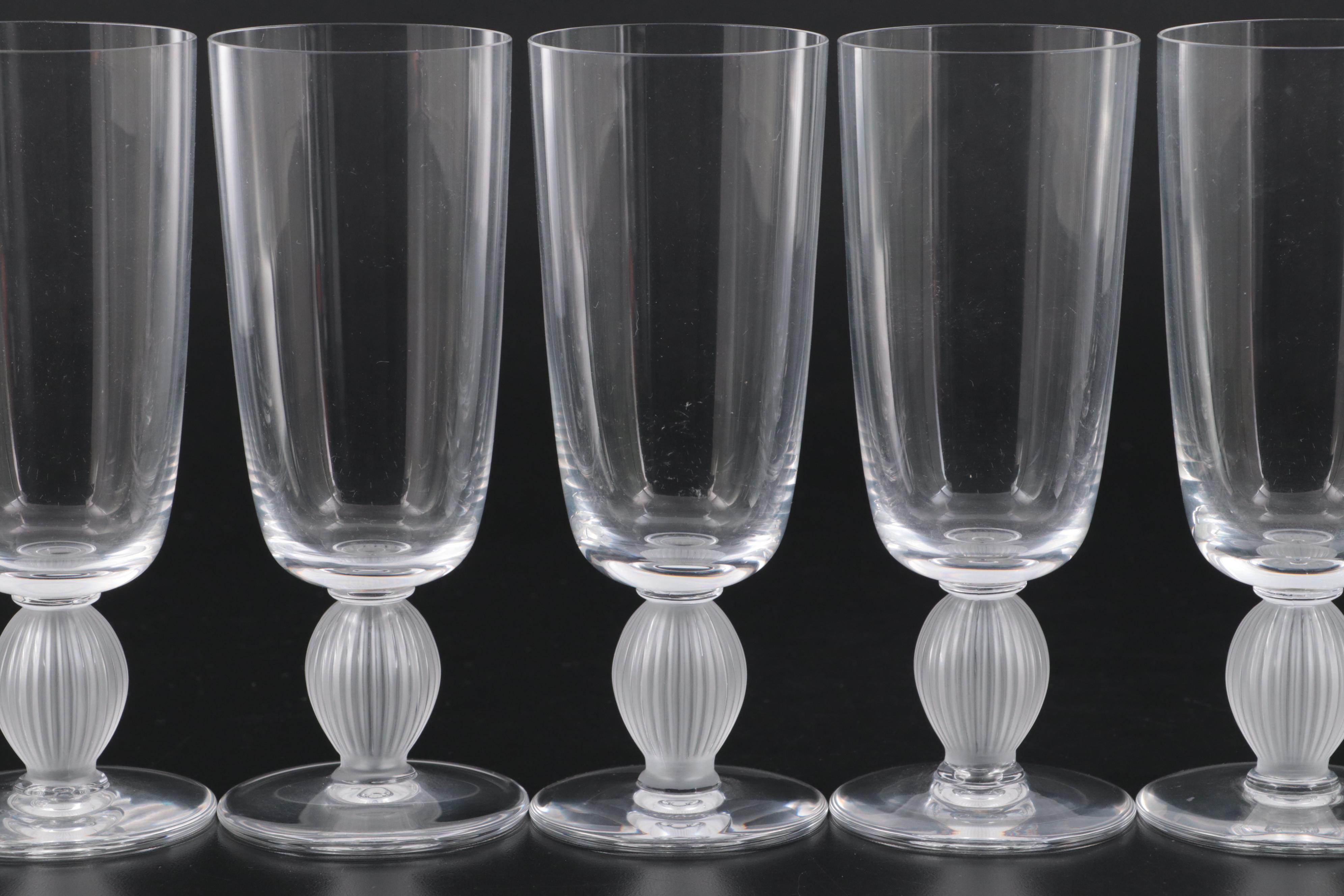 Lalique "Langeais" Frosted Stem Crystal Champagne Flutes EBTH