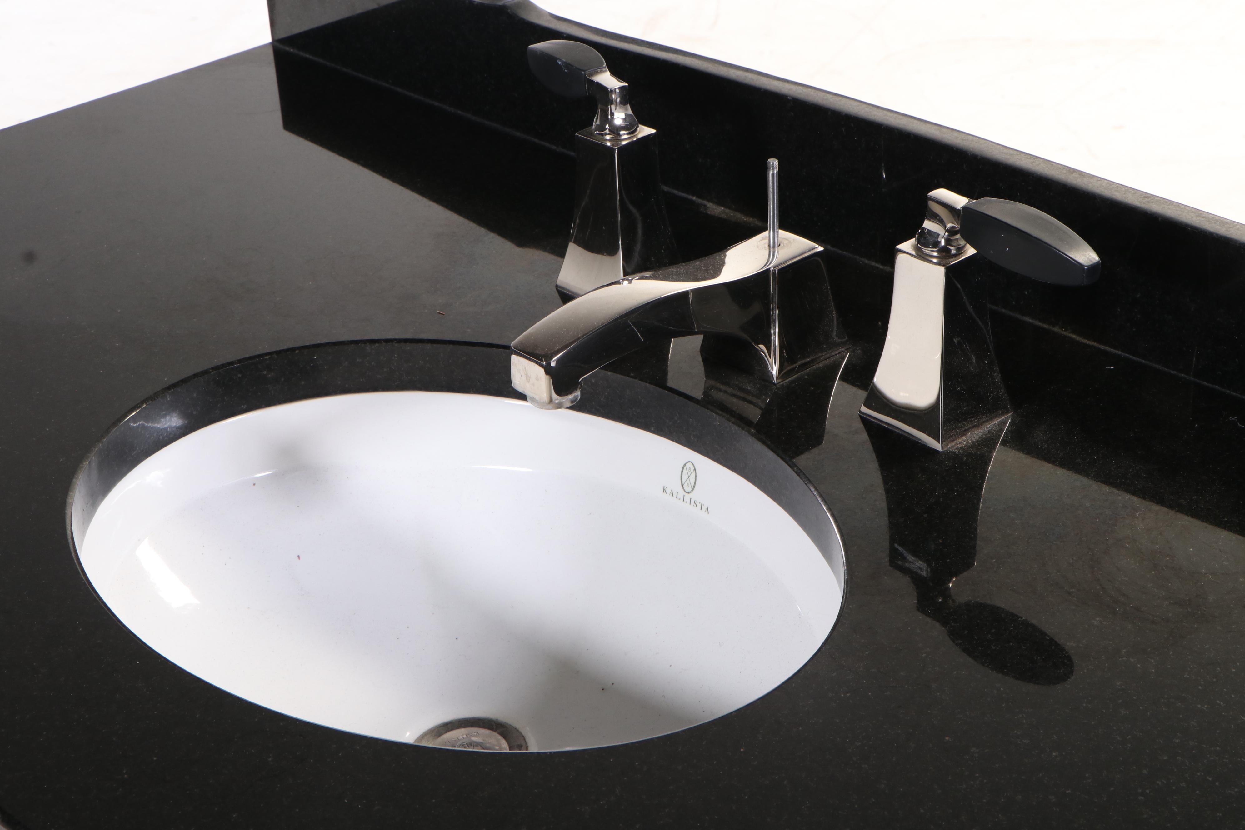 Beveled Mirrored Bathroom Vanity with Kallista Sink and Black Granite
